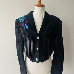 Pioneer Wear Vintage Suede Fringe Jacket Embroidered Floral Design